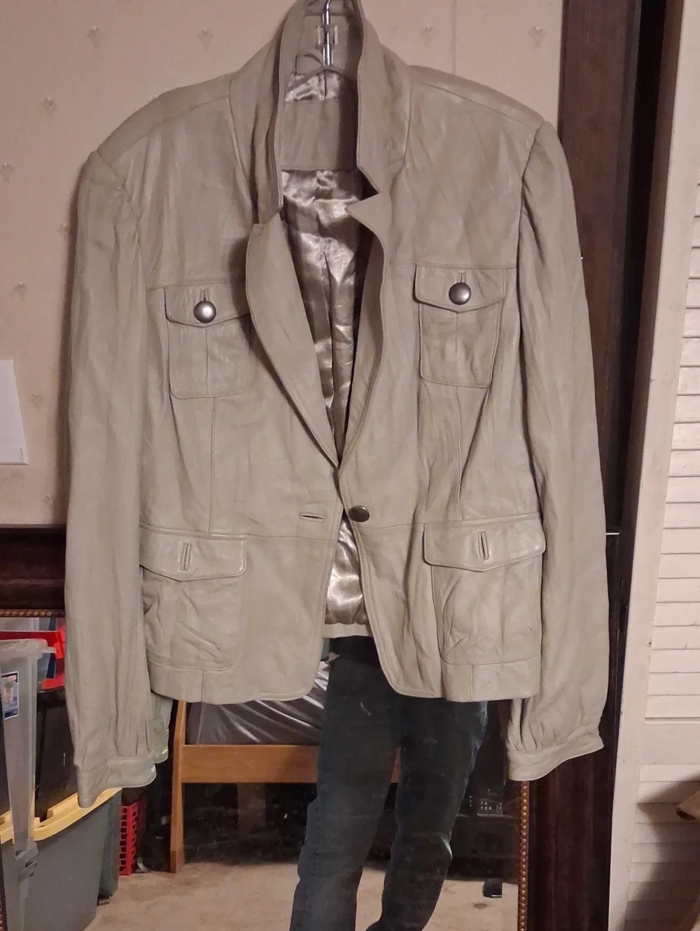 Womens Light Gray Leather Jacket - Classic Pocket Blazer